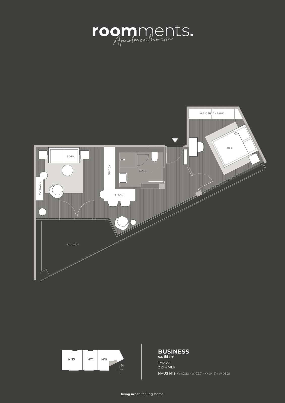 Grundriss einer Wohnung vom Typ Roomments Business