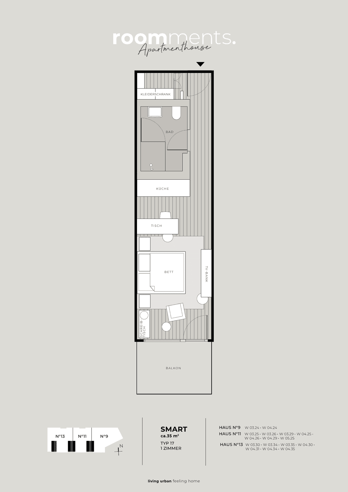 Grundriss einer Wohnung vom Typ Roomments Smart