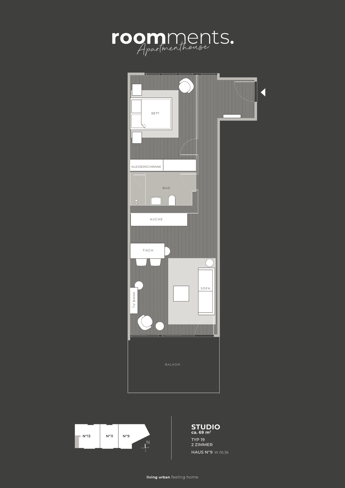 Grundriss einer Wohnung vom Typ Roomments Studio
